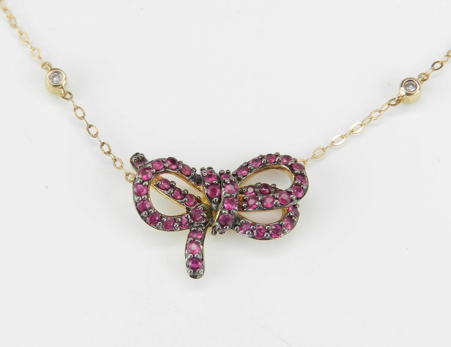 Diamond And Ruby Necklace Pendant 14k Yellow Gold 17 Diamond And Ruby Necklace Pendant 14k Yellow Gold 17 Chain Red Bow Tie July Birthstone