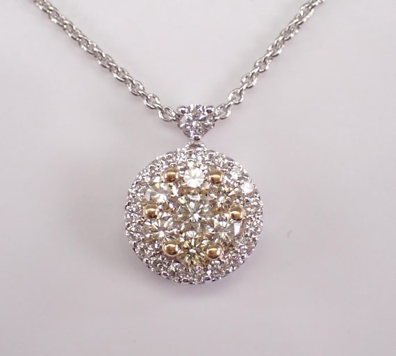 18K White Gold Canary Diamond Necklace: Halo Cluster Solitaire Pendant and Chain