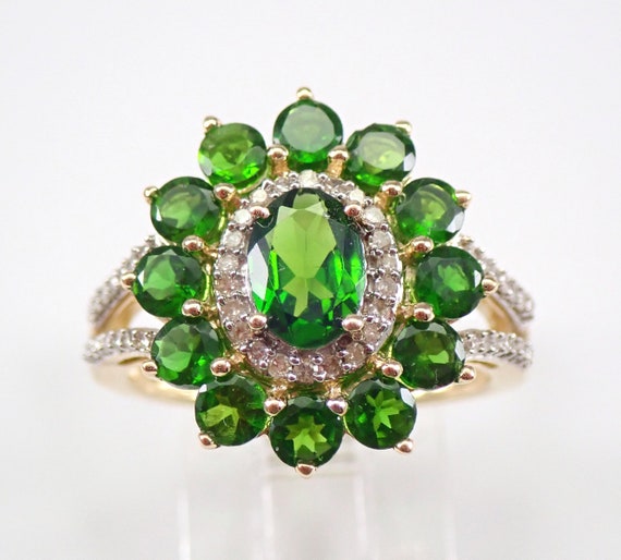 Chrome Diopside Cluster Ring - Yellow Gold Forest Green Gemstone - Diamond Fine Jewelry Gift