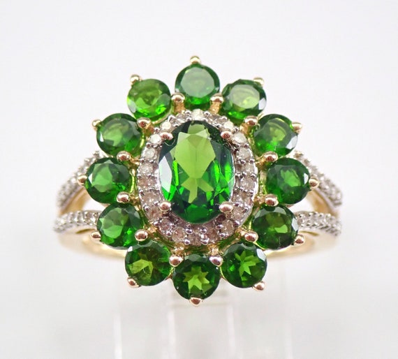 Chrome Diopside and Diamond Cluster Right Hand Ring Solid Yellow Gold Forest Green Color Fine Jewelry for Women