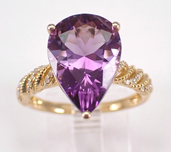 Yellow Gold Amethyst and Diamond Ring - Teardrop Engagement Setting - February Gemstone Fine Jewelry Gift