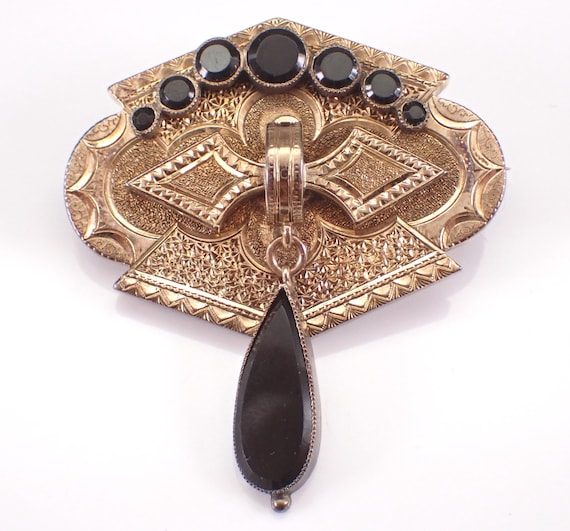 Victorian 14K Yellow Gold Onyx Pendant Brooch, Large Antique Mourning Dangle Charm Pin