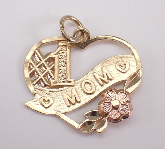 Vintage 14K Yellow Gold Heart Charm Pendant, Number One Mom Two Tone Flower Drop, Estate Jewelry for Bracelet or Necklace