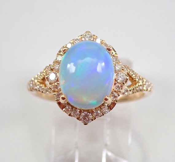 Opal and Diamond Engagement Ring - 14K Yellow Gold Halo Jewelry - October Gemstone Gift