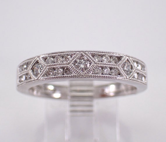 White Gold Diamond Wedding Ring - Stackable Milgrain Anniversary Band - GalaxyGems Bridal Fine Jewelry Gift