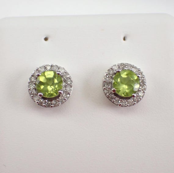 White Gold Peridot Stud Earrings - Dainty Diamond Halo Setting - August Birthstone Gemstone Jewelry Gift