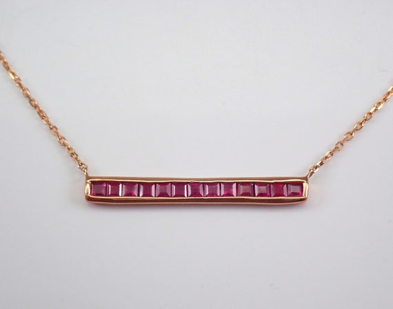 Genuine Ruby Bar Necklace in Solid Rose Gold, Unique July Birthstone Gift for Women