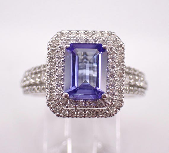 14K White Gold Tanzanite Ring - Diamond Halo Engagement Setting - Emerald Cut Purple Gemstone Jewelry Gift