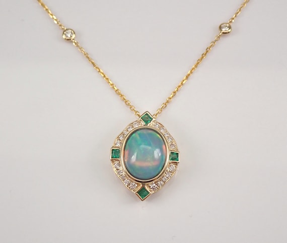 14K Yellow Gold Opal Necklace - Diamond and Emerald Halo Pendant - October Gemstone Jewelry Gift