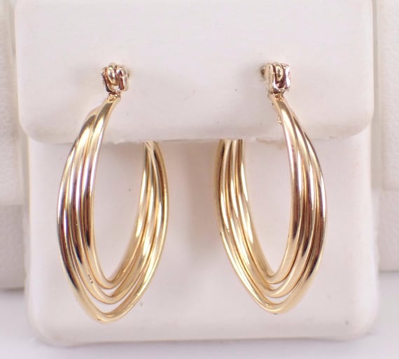 Vintage 14K Yellow Gold Hoop Earrings: Dainty Multi Row Twisted Hoops
