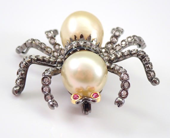 One Of A Kind Pearl and Diamond Spider Brooch - Vintage 18K Black Gold Tarantula Arachnid Pin