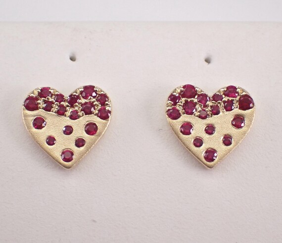 Yellow Gold Ruby Heart Stud Earrings: Dainty Gemstone Screwback Studs