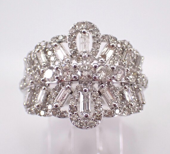 14K White Gold Baguette Diamond Ring - Unique Dome Cocktail Anniversary Band - Bridal Wedding Fine Jewelry Gift
