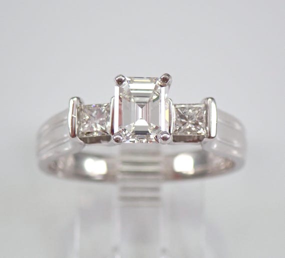 14K White Gold Diamond Engagement Ring - Three Stone Emerald and Princess Cut Promise Ring - GalaxyGems Bridal Fine Jewelry Gift