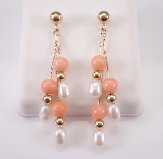 Vintage 14K Yellow Gold Coral and Pearl Earrings: Unique Estate Multi Strand Charm Dangle Ball Studs