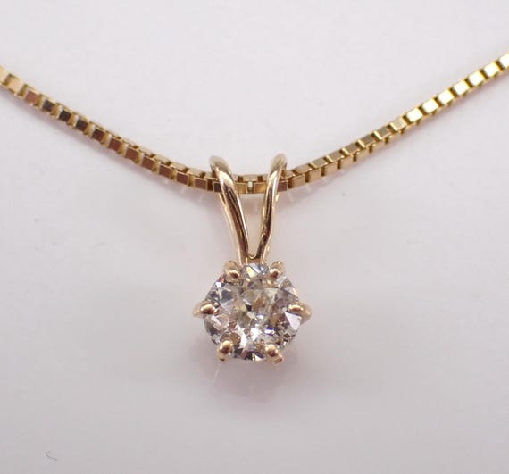 Vintage 14K Yellow Gold Diamond Necklace - Dainty Solitaire Pendant and Chain - Antique Old Miner Buttercup Setting