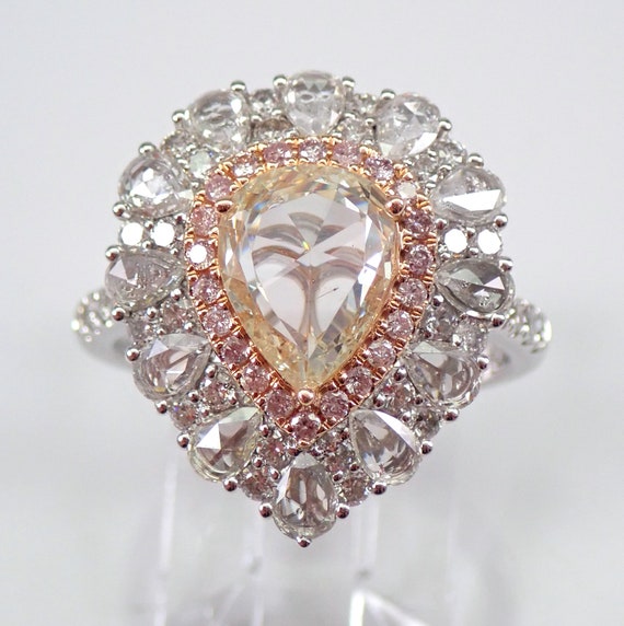 18K Gold 2.84 ct Canary Rose Cut and Pink Diamond Halo Engagement Ring Size 7.25