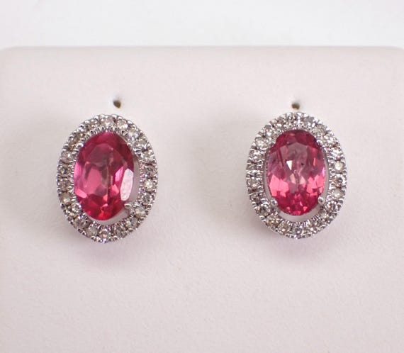 White Gold Pink Topaz Stud Earrings - Diamond Halo Screwback Studs - July Birthstone Fine Jewelry Gift