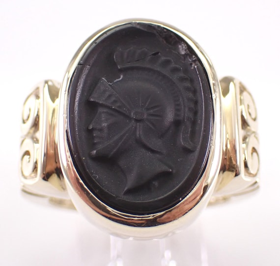 14K Yellow Gold Onyx Intaglio Ring: Vintage Antique Cameo Pinky Signet Band