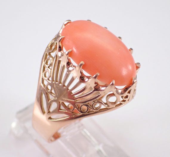Antique 14K Rose Gold Coral Ring - Large Domed Filigree Setting - Unique Vintage Fine Jewelry Gift