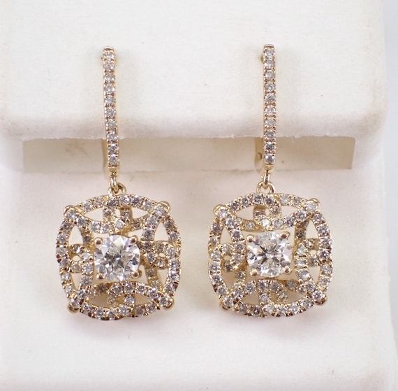 Yellow Gold Diamond Dangle Earrings - Geometric Halo Swirl Drop Design - Modern Fine Jewelry Gift