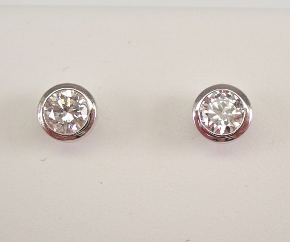 14K White Gold Diamond Stud Earrings - BEZEL-SET Round Brilliant Studs - Anniversary Bridal Gift