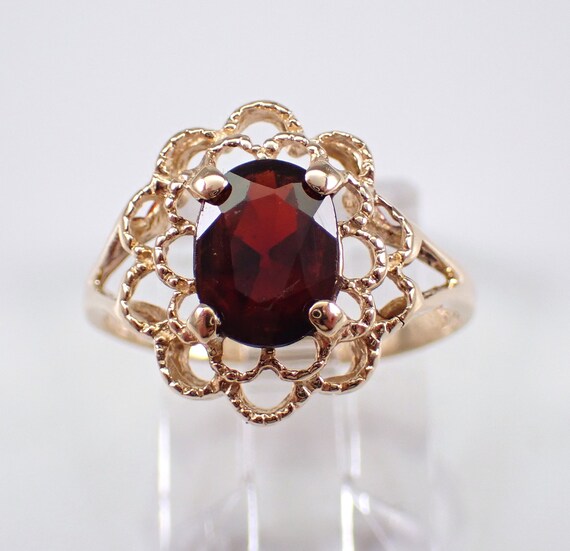 70s Vintage Garnet Ring, Estate Yellow Gold Flower Halo Design, January Birthstone Solitaire Ring