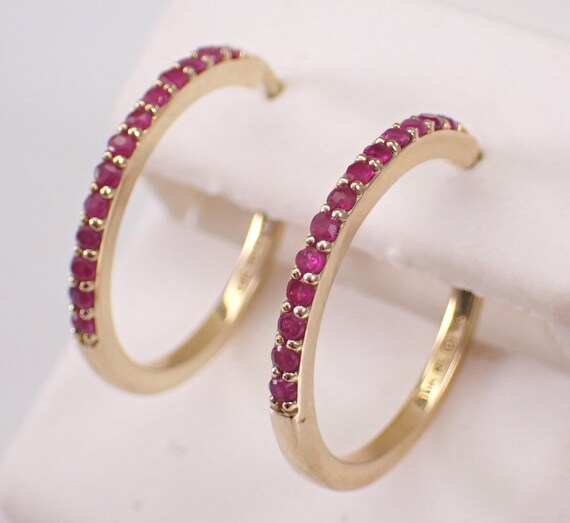 Yellow Gold Ruby Hoop Earrings - Small Dainty Gemstone Huggies