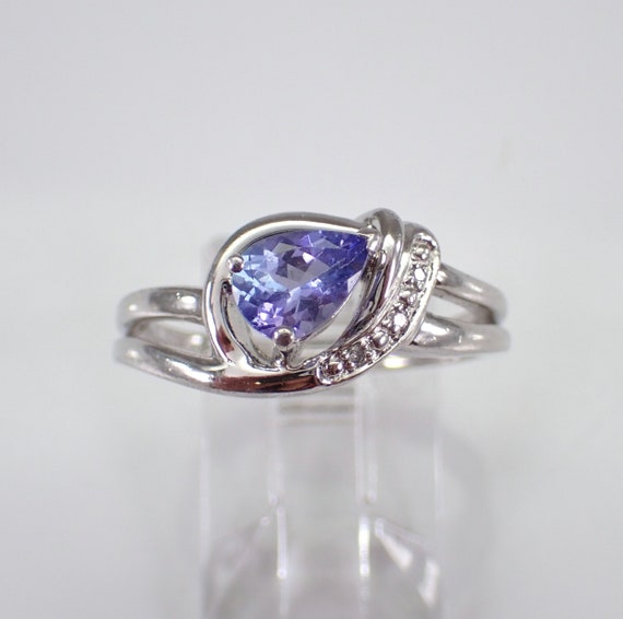 Sterling Silver Tanzanite Promise Ring - Simple Gemstone and Diamond Band - GalaxyGems Unique Anniversary Jewelry Gift