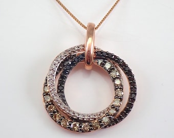 Rose Gold Interlocking Circle Diamond Necklace, Black and Cognac Fancy Diamond Pendant Charm