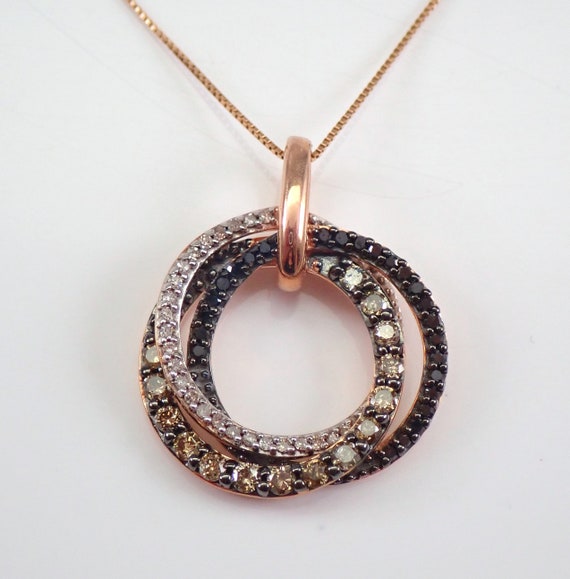 Rose Gold Interlocking Circle Diamond Necklace, Black and Cognac Fancy Diamond Pendant Charm