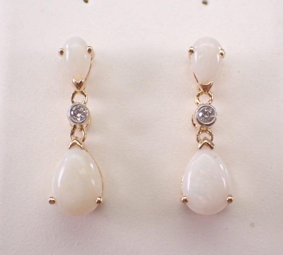 Vintage 14K Yellow Gold Opal and Diamond Earrings - Estate Gemstone Dangle Drops