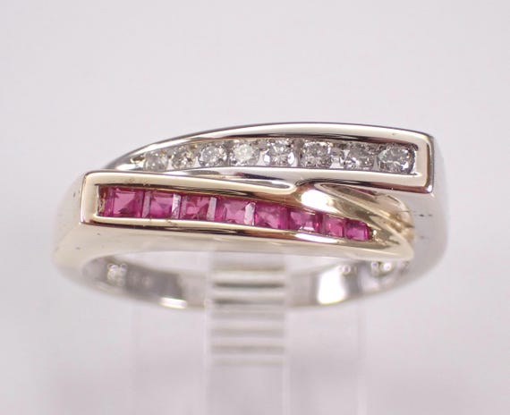 Vintage Ruby and Diamond Bypass Ring - 14K Yellow and White Gold Gemstone Band - Estate GalaxyGems Fine Jewelry Gift