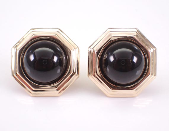 Vintage Black Onyx Stud Earrings - 14K Yellow Gold Octagon Halo Setting - Unique Estate Fine Jewelry