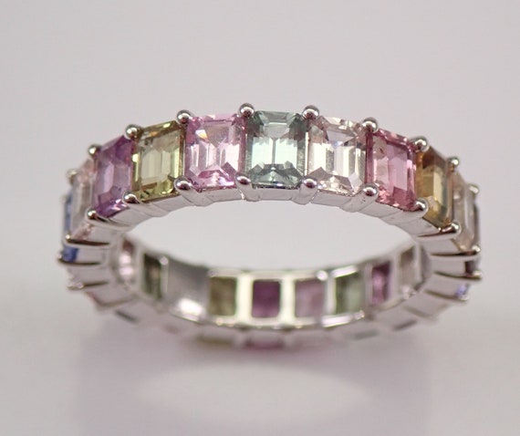 Multi Color Sapphire Eternity Band - Emerald Cut Wedding Ring - Solid 18K White Gold Anniversary Ring