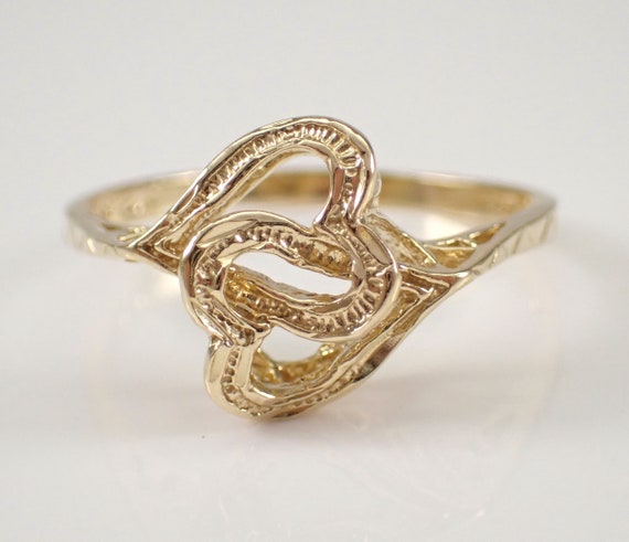 Vintage 14K Yellow Gold Heart Ring - Interlocking Double Heart Band - Estate Unique Jewelry Gift