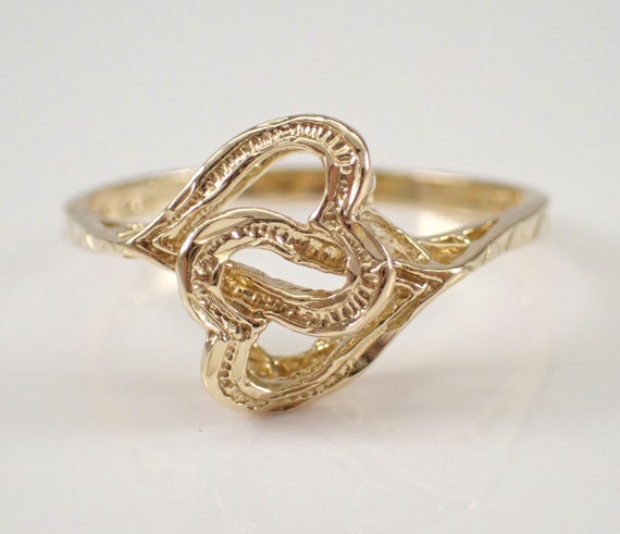 Vintage Interlocking Heart Ring - 14K Yellow Gold Double Heart Band - Estate Unique Jewelry Gift