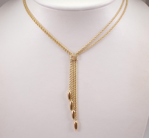 Vintage 14K Yellow Gold Rope Chain Tassel Necklace: Double Strand Lariat Choker Necklace
