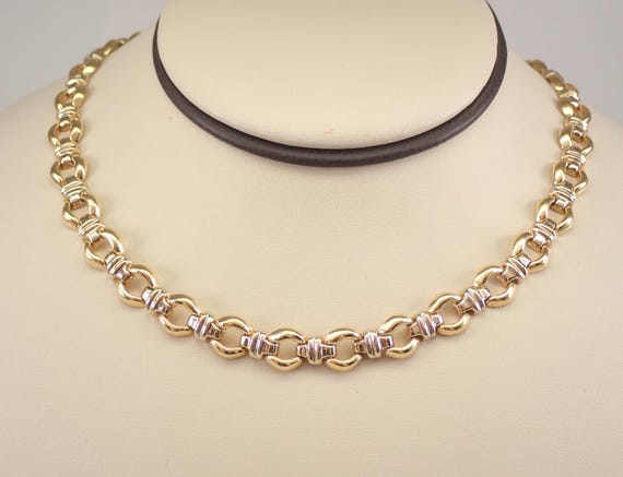 Vintage 14K Yellow Gold Choker Necklace - Estate Fine Jewelry Gift - Two Tone Fancy Link Design Chain