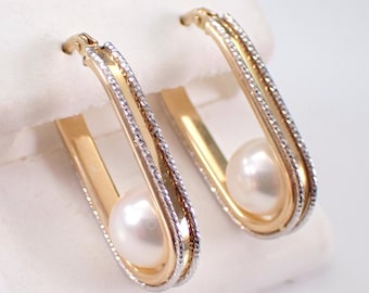 Pearl Hoop Earrings - Unique 14K Yellow Gold Fine Jewelry - Large Bridal Wedding Gift