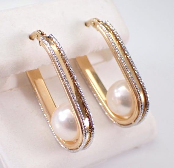 Pearl Hoop Earrings - Unique 14K Yellow Gold Fine Jewelry - Large Bridal Wedding Gift