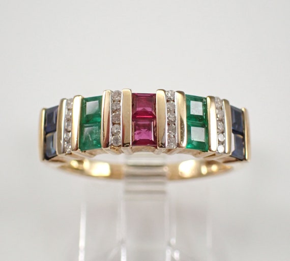 Sapphire Ruby and Emerald Multi Row Ring, Yellow Gold Wedding Anniversary Band, Colorful Gemstone Jewelry Gift