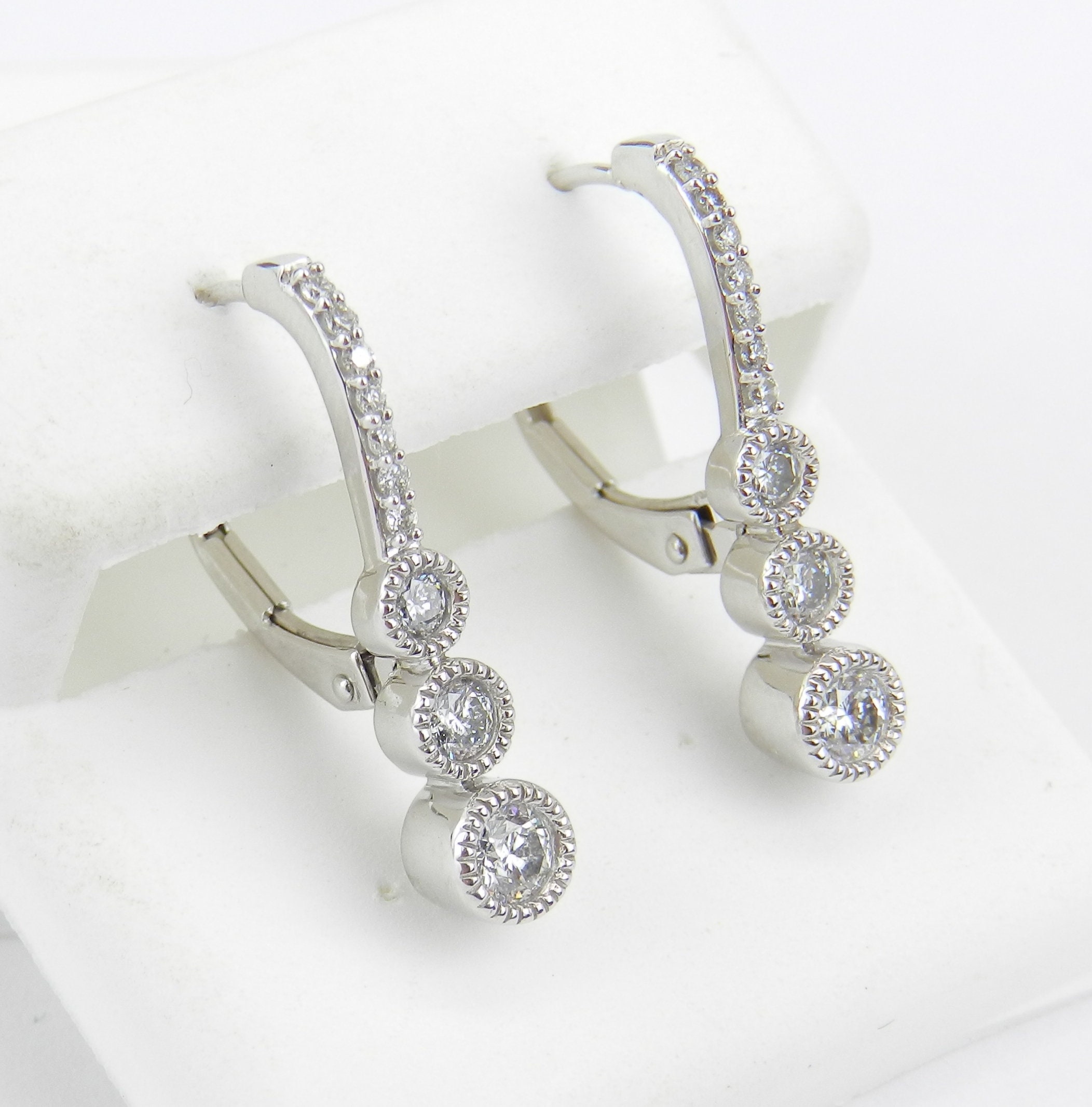 White Gold .75 ct Diamond Drop Earrings Unique Three Stone Design Leverback