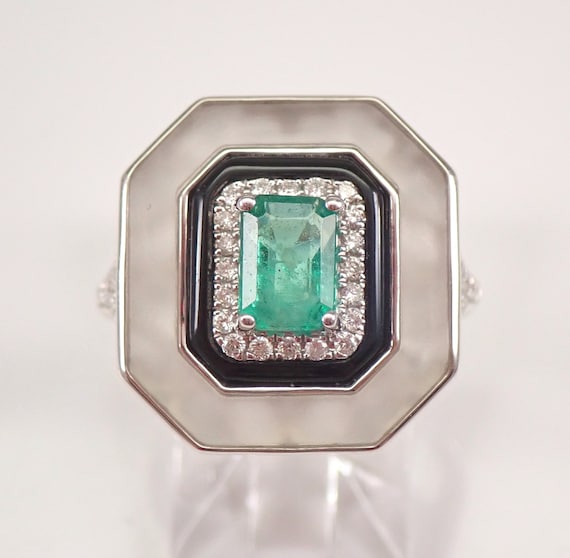 18K White Gold Emerald Cocktail Ring, Unique Frosted Quartz and Diamond Halo Setting, Black Onyx Accent Statement Jewelry Gift