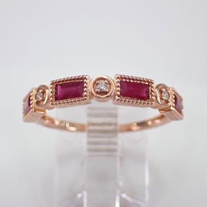 Ruby and Diamond Wedding Ring - Rose Gold Gemstone Baguette Band - Anniversary Birthstone Jewelry Gift