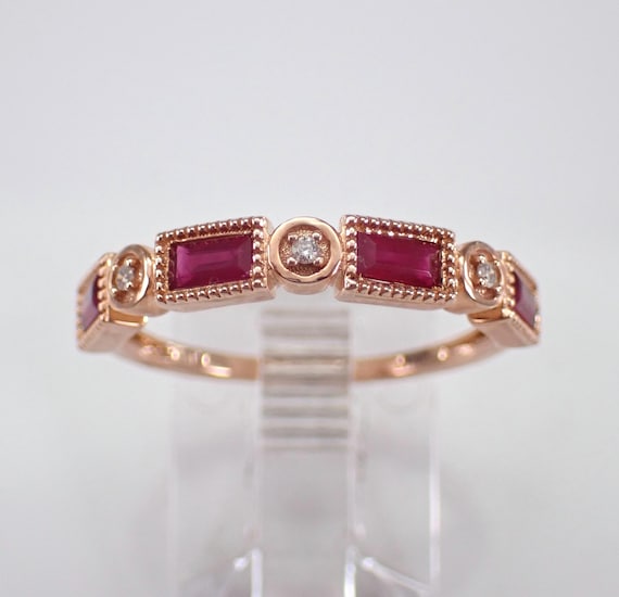 Ruby and Diamond Wedding Ring - Rose Gold Gemstone Baguette Band - Anniversary Birthstone Jewelry Gift