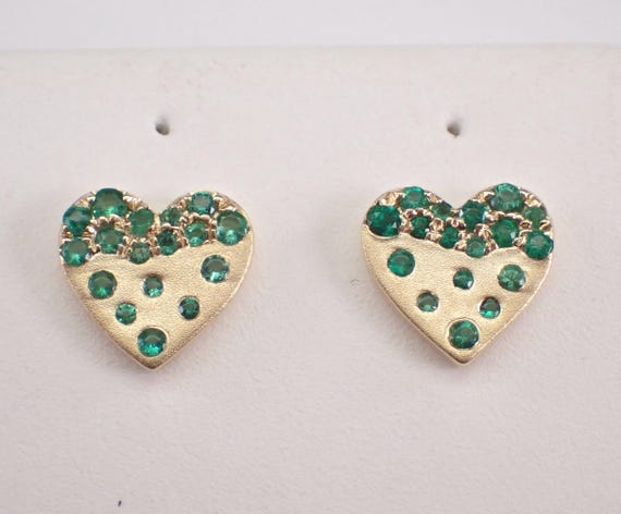 Yellow Gold Emerald Heart Stud Earrings: Dainty Gemstone Screwback Studs