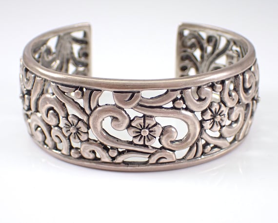 Vintage Sterling Silver Bangle Bracelet - Wide Flower Scroll Cuff - Unique Estate Jewelry Gift