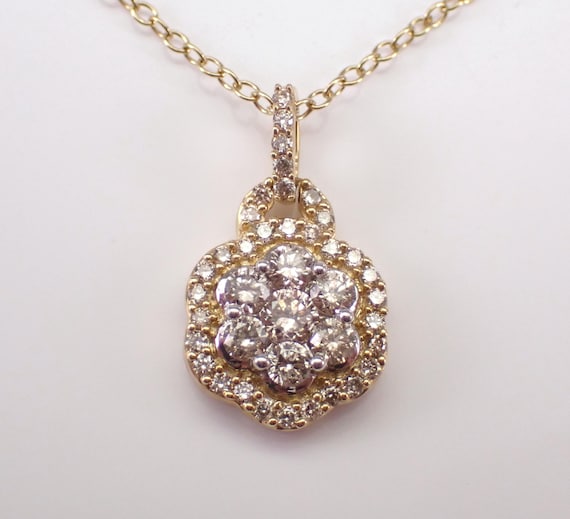 Yellow Gold Diamond Cluster Necklace - Unique Flower Charm Pendant and Chain - Bridal Fine Jewelry Gift