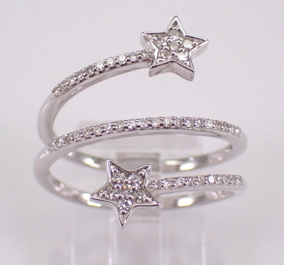 14K White Gold Diamond Star Ring - Crossover Bypass Multi Row Band - Unique Bridal Fine Jewelry Gift
